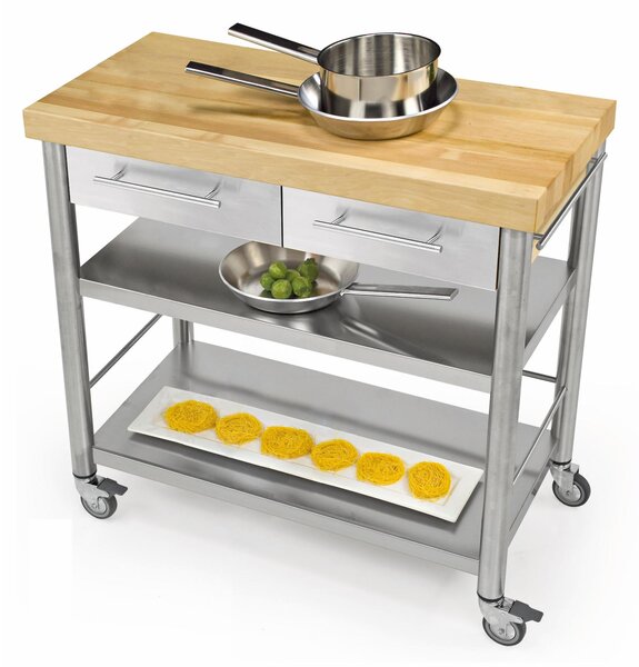 Carrello da cucina in acciaio inox con cassetto due piani, dimensioni 100x60x h 90 cm peso 64 kg con tagliere piano di lavoro carpino bianco listellare
