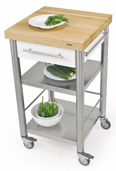 Carrello da cucina in pietra acrilica bianca e top da lavoro in carpino bianco, dimensioni 50x50x h 90 cm peso 24 kg dimensioni cassetto 36x33xh 8,5