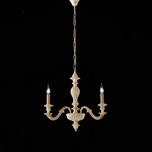 Lampadario Leonardo in Legno Avorio e Foglia Oro, 57xMAX 117x�43 cm, 3xE14 - 42 Watt Max, Colore Avorio Foglia Oro