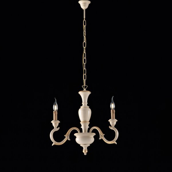 Lampadario Fiorenza in Legno Avorio e Foglia Oro, H50 - MAX 110 - �43 cm, 3xE14 - 42 Watt Max, Colore Avorio Foglia Oro
