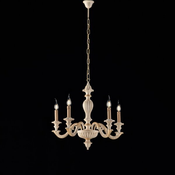 Lampadario Leonardo in Legno Avorio e Foglia Oro �53xh57-117 cm, 5 Luci E14 - 42 Watt Max, Colore Avorio Foglia Oro