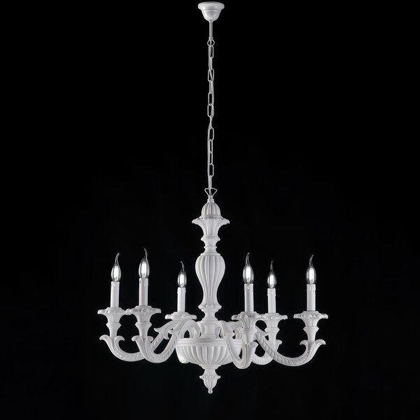 Lampadario Shabby in Legno Bianco 6 Luci, H70 - MAX 130 - �74 cm, Leonardo, 6xE14 - 42 Watt Max, Colore Bianco Shabby