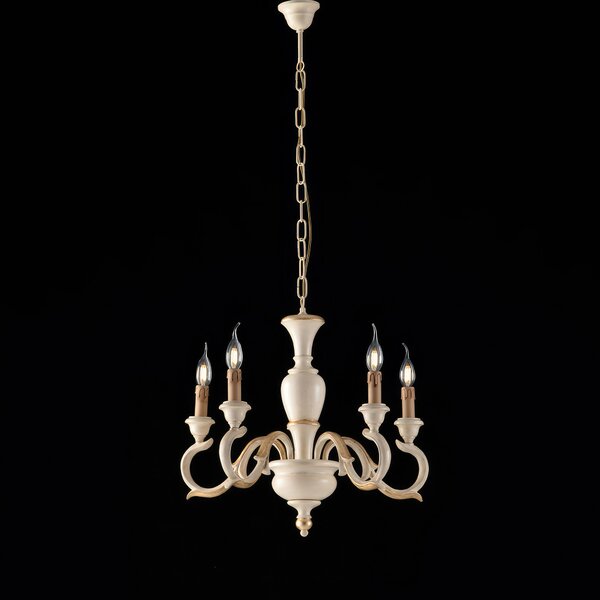 Lampadario Fiorenza in Legno Avorio e Foglia Oro, �50xH50-110 cm, 5xE14 - 42 Watt Max, Colore Avorio Foglia Oro