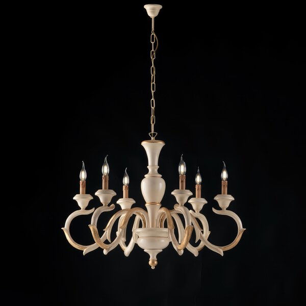 Lampadario Fiorenza in Legno Avorio e Foglia Oro, H.65 - MAX 125 - �91 cm, 6xE14 - 42 Watt Max, Colore Avorio Foglia Oro