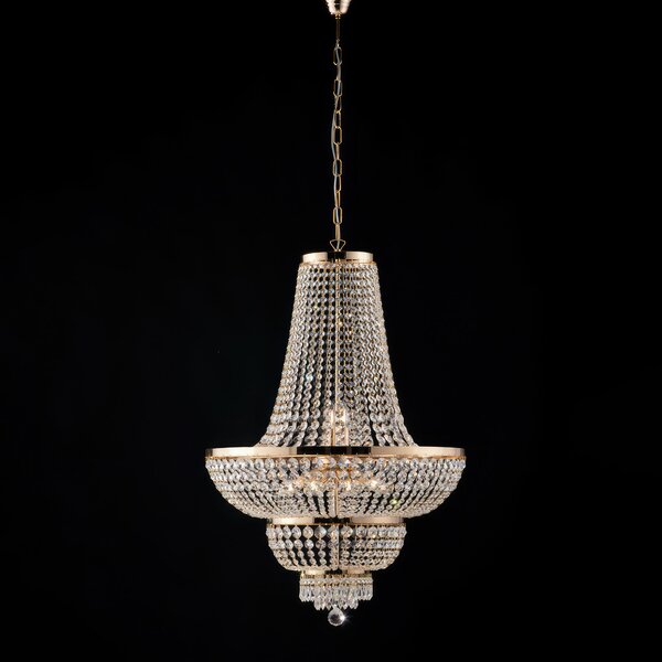 Lampadario Mozart in Ferro e Ottone Dorato con Strass, 95xMAX 155 x �65 cm, Oro Lucido, 10xE14 - 42 Watt Max