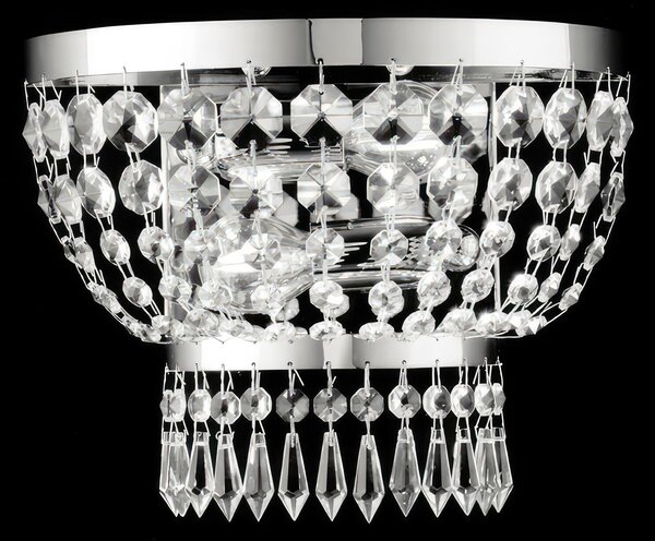 Applique Mozart in Ferro e Ottone Cromato con Strass, 22x27xH14 cm, Cromo Lucido, 2xE14 - 42 Watt Max