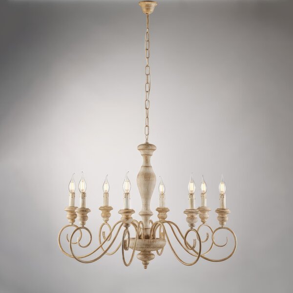 Lampadario Cascina in Legno e Ferro 61xMAX 121x�82 cm, Bianco Tortora, 8xE14 - 42 Watt Max