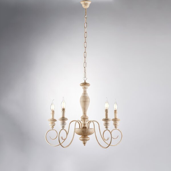 Lampadario Cascina in Legno e Ferro, Bianco Tortora, �60xH55-115 cm, 5xE14 - 42W Max
