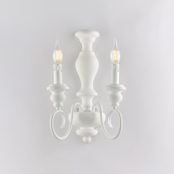 Applique in Legno e Ferro Laccato Bianco Shabby 2 Luci Cascina 40x25x18 cm, Colore Bianco Shabby, Illuminazione 2xE14 - 42 Watt Max