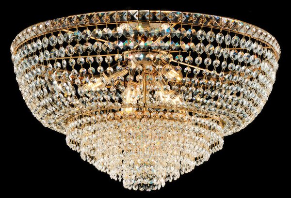 Plafoniera Wagner in ferro e ottone dorato con strass, �62xH40 cm, 8 luci E14 - 42 Watt Max, colore Oro Lucido