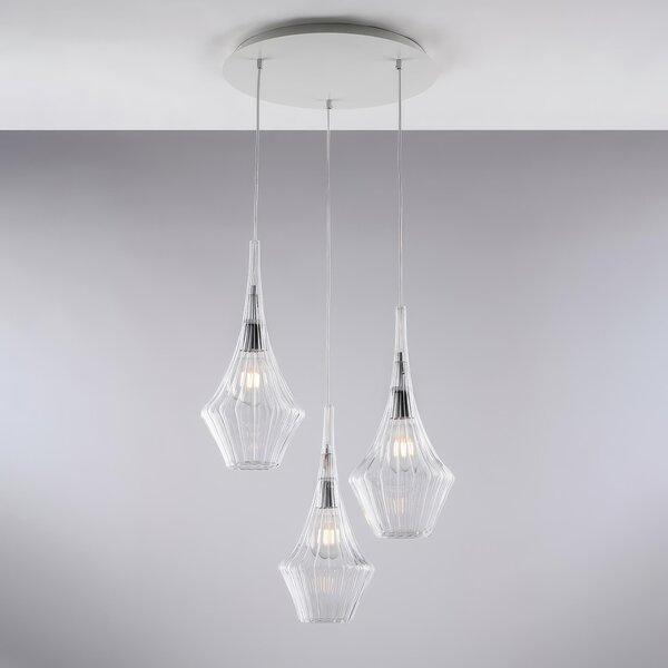Sospensione Zeus in Ferro e Vetro Pyrex Trasparente, 50x50xh149 cm, 3xE27 - 55 Watt Max