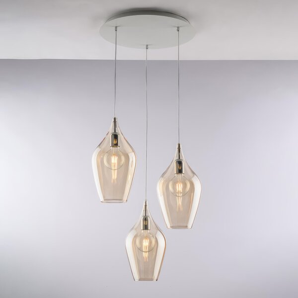 Sospensione Ares in Ferro con Vetri Ambra Pyrex, 41xMAX 141x�50 cm, 3xE27 - 55 Watt Max, Colore Ambra