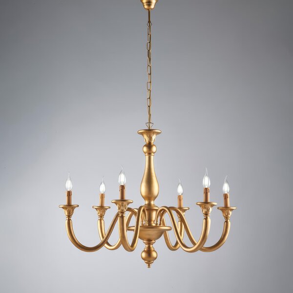 Lampadario Lucca in Legno Oro Antico 6 Luci, Dimensioni H69 - MAX 129 - �86 cm, Colore Oro Antico, Illuminazione 6xE14 - 42 Watt Max