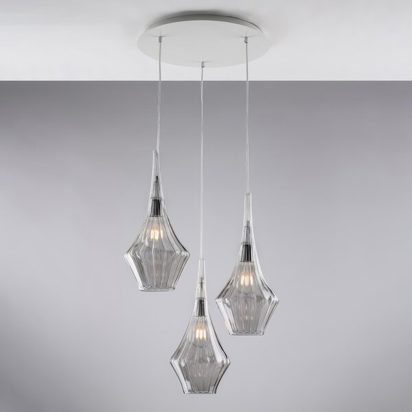 Sospensione Zeus in Ferro con Vetri Pyrex Grigio, 49x149x�50 cm, 3xE27 - 55 Watt Max, Grigio