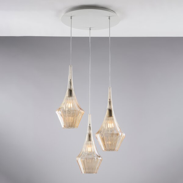 Sospensione in Ferro con Vetri Ambra Pyrex Zeus �50xH49-149 cm, Ambra, 3xE27 - 55 Watt Max