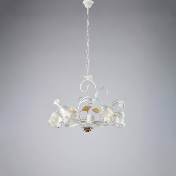 Lampadario Shabby in Ferro Laccato Bianco 5 Luci Cesto, 44x65xH142 cm, Bianco Avorio