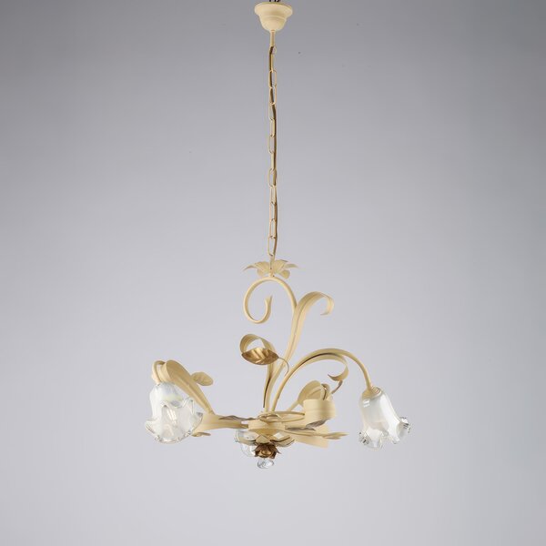 Lampadario Cesto in Ferro Laccato Avorio Decape, 59xH.44-104 cm, 3xE14 - 42 Watt Max, Colore Avorio Oro