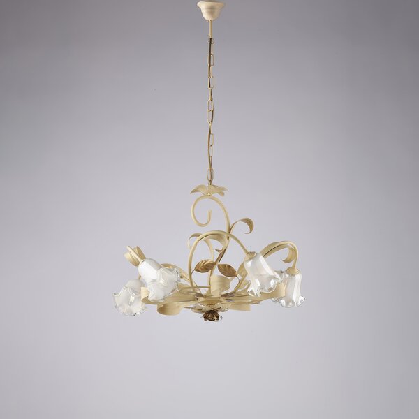 Lampadario Cesto in Ferro Laccato Avorio Decap�, �65xH.44-142 cm, Avorio Oro, 5xE14 - 42 Watt Max