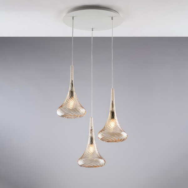 Sospensione in Ferro Nemesi �50xh41-141 cm, 3 Luci E27 - 55 Watt Max, Colore Ambra, Vetri Pyrex Ambra
