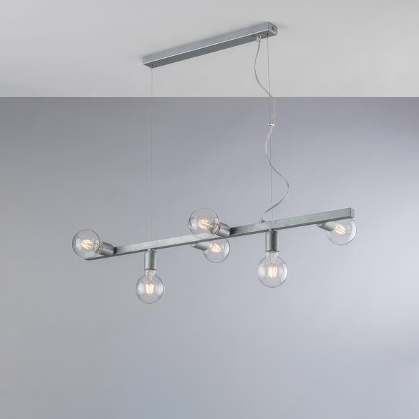 Sospensione Fabian in Ferro Laccato Bianco e Argento 6 Luci, 101x16xH18 - MAX 148 cm, 6xE27 - 55 Watt Max, Colore Argento