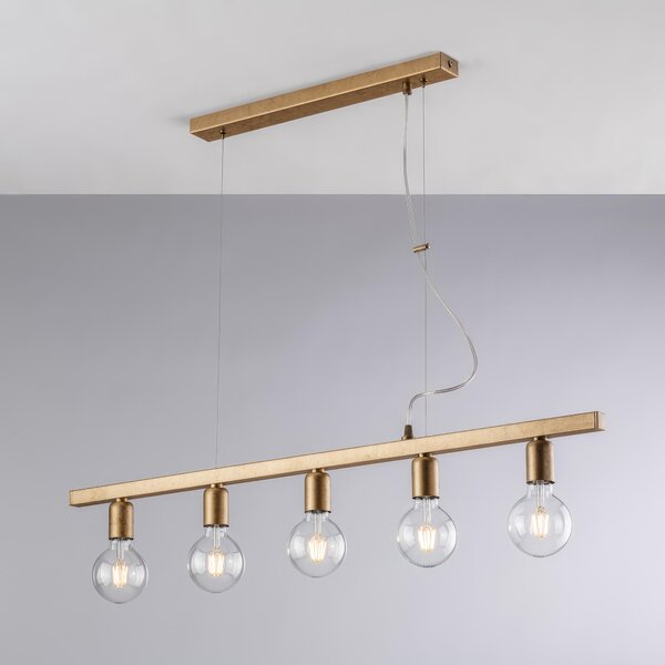 Sospensione Fabian in Ferro Laccato Nero e Oro, 101x5xH18 - MAX 148 cm, 5xE27 - 55 Watt Max, Colore Oro Antico