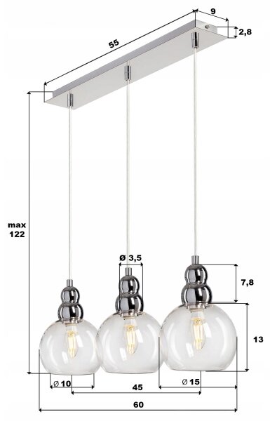 Lampadario a sospensione con filo AKSO 3xE14/40W/230V cromo opaco