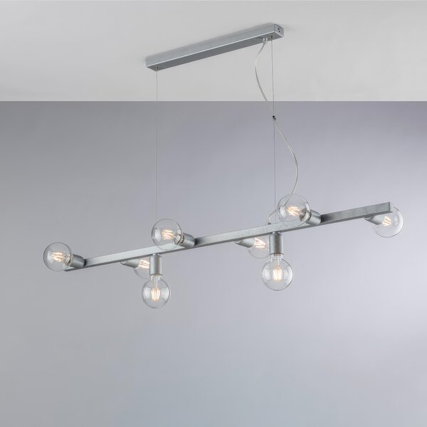 Sospensione Fabian in Ferro Laccato Bianco e Argento, 121x16xH18 Max 148 cm, 8xE27 - 55 Watt Max, Colore Argento