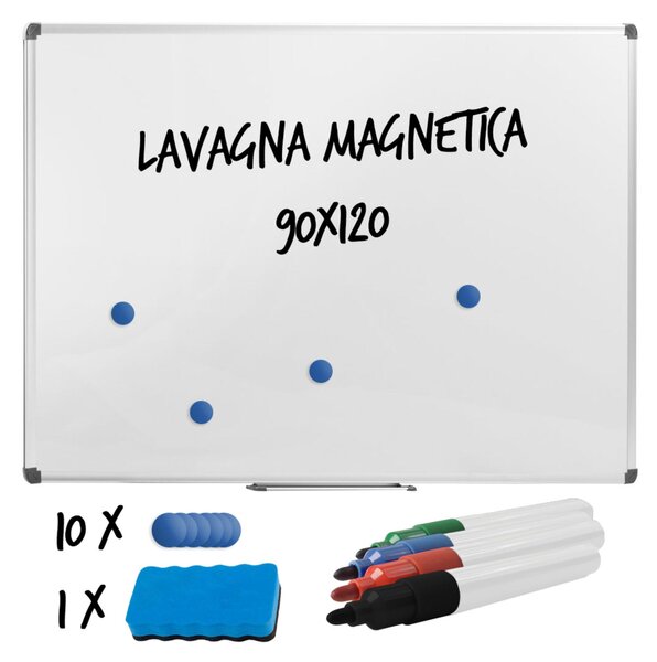Lavagna magnetica, scrivibile e cancellabile in acciaio laccato Dimensioni 120x90 cm - fissaggio a parete vaschetta porta accessori anodizzato silver