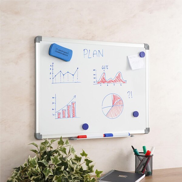 Lavagna magnetica, scrivibile e cancellabile in acciaio laccato Dimensioni 60x45 cm - fissaggio a parete vaschetta porta accessori anodizzato silver