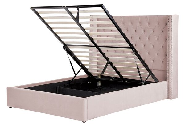 Letto contenitore velluto rosa pastello e argento 140 x 200 cm glamour elegante Beliani