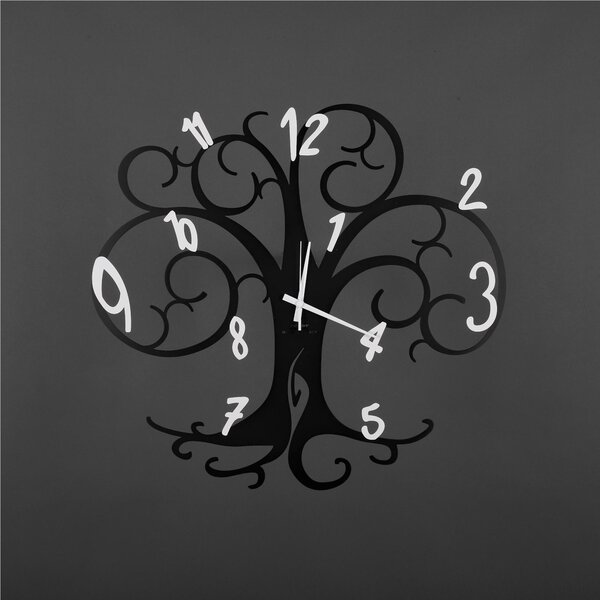 Orologio da parete ALBERO DELLA VITA Dimensioni 60x h 55 cm con rami che sorreggono i numero delle ore realizzati in metallo mediante taglio laser colore Nero pastello Numeri Bianchi