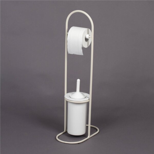 Piantana Porta rotolo e Porta scopino in Ferro Battuto Dimensioni 38x18xh 76 cm portascopino in ceramica, colore Avorio Pastello Panna