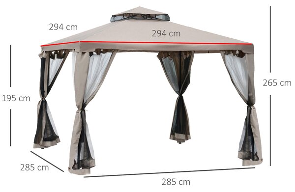 Outsunny Tenda Gazebo da Giardino con Zanzariera, Struttura in Metallo Copertura in Poliestere, 294x294cm, Talpa|Aosom