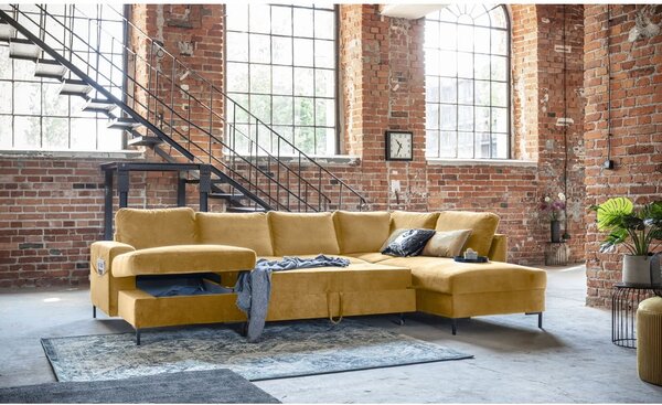 Divano letto a U in velluto giallo senape, angolo destro Lofty Lilly - Miuform