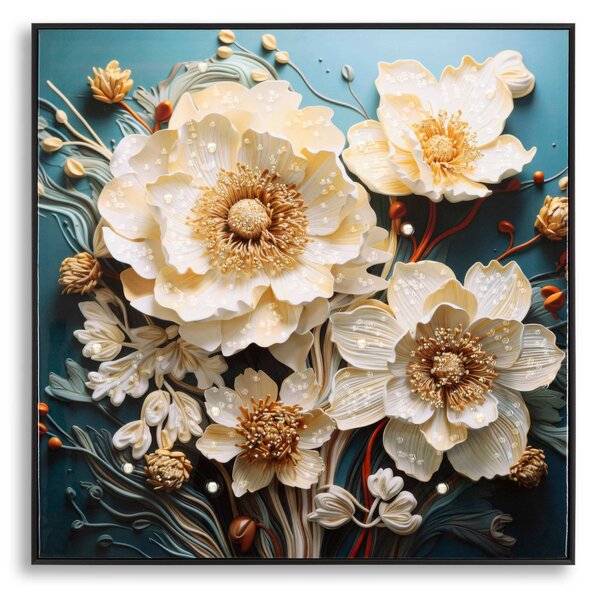 Dipinto su tela completo di telaio in legno e cornice in metallo nero NARCY -B Dimensione 82x4xh82 cm decoro raffigurante fiori bianchi evocano una bellezza delicata