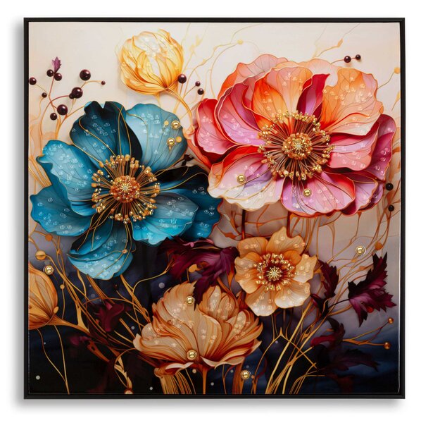 Dipinto su tela completo di telaio in legno e cornice in metallo nero WIEN HAT -B Dimensione 82x3,5x82 cm vibranti fiori multicolori