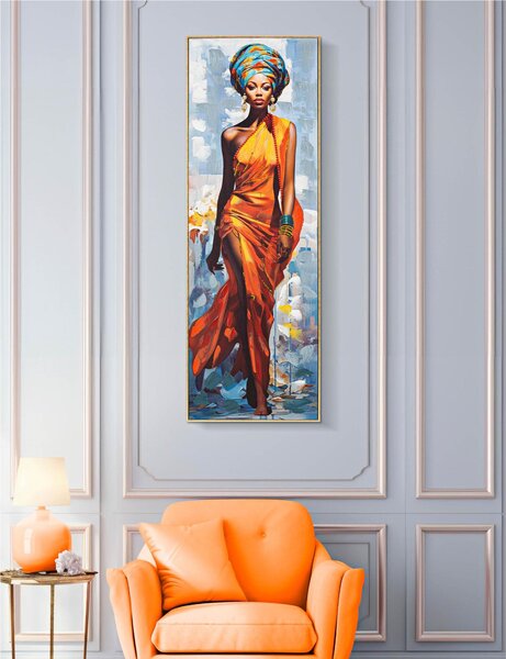 Dipinto su tela, quadro con CORNICE in metallo dorato. DAPHNE -B- Dimensioni 52x4,5x h 152 cm decoro raffigurante una donna in costumi tradizionali