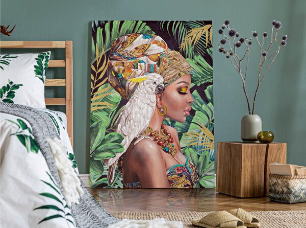 Dipinto su tela, quadro, donna seduta con un pappagallo KLOE 90x3x h 120 cm decoro raffigurante il volto di donna multicolore