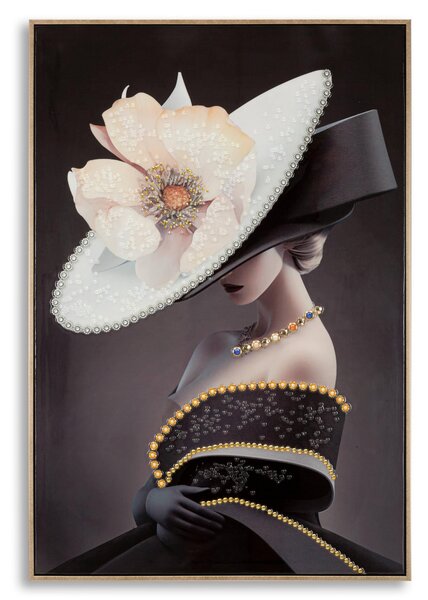 Dipinto su tela completo di telaio in legno e cornice in metallo oro WIEN HAT -B Dimensione 62x3,5x92 cm donna che indossa un grande cappello con fiore