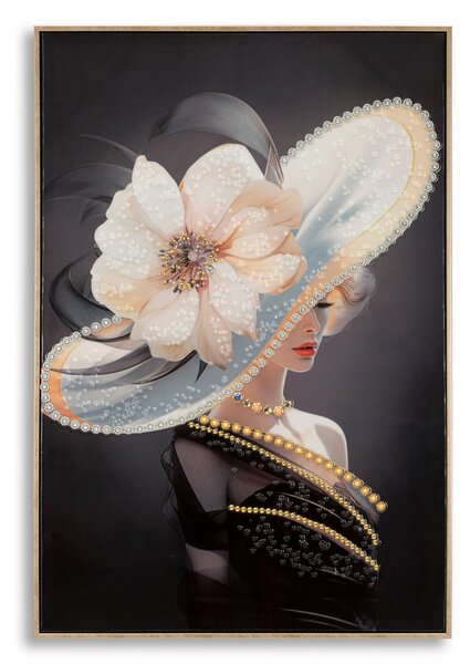Dipinto su tela completo di telaio in legno e cornice in metallo oro WIEN HAT -A Dimensione 62x3,5x92 cm donna che indossa un grande cappello con fiore