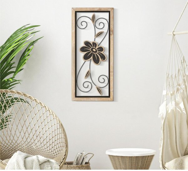 Pannello decorativo 3D da parete in metallo e legno con fiori, KOMAN -A Dimensioni 26x2,5x h 70 cm peso 0,800 kg colori nero marrone