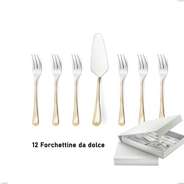 Confezione a libro 13 pezzi, forchettine pi� paletta dolce Firenze oro, acciaio 18-10, oro 24 carati , spessore 2.5 mm