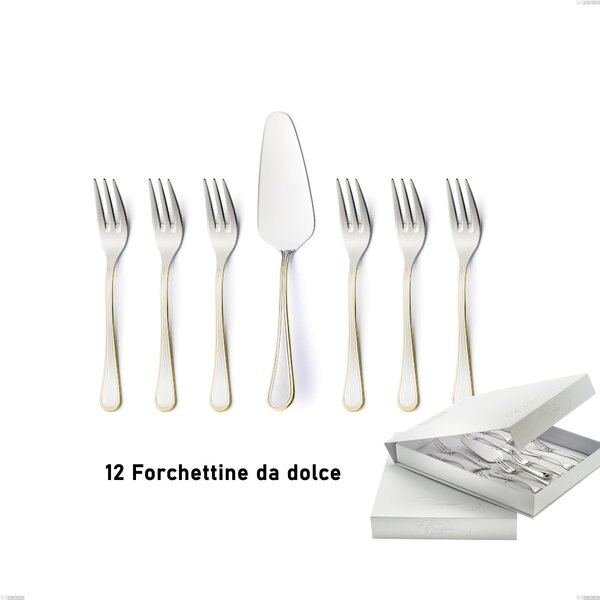 Confezione a libro 13 pezzi, forchettine pi� paletta dolce Impero oro, acciaio 18-10, oro 24 carati lucido, spessore 2.5 mm