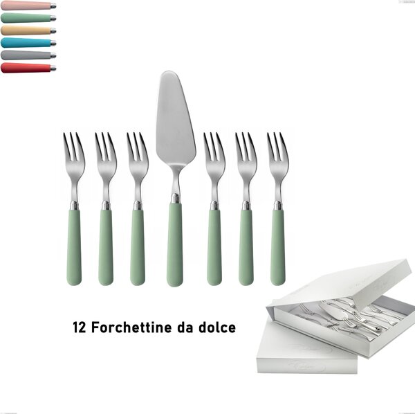 Confezione a libro 13 pezzi, forchettine pi� paletta dolce macarons, Acciaio inox 18.10 manici in acrilico inox lucido