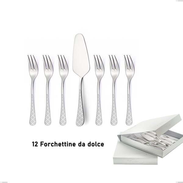 Confezione a libro 13 pezzi, forchettine pi� paletta dolce Milano Damask, 18/10 (AISI304) acciaio lucido effetto damascato, spessore 2,5 mm