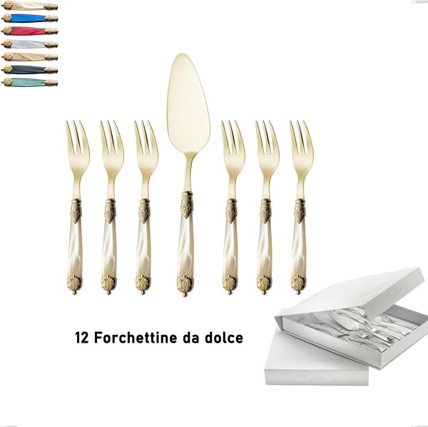 Confezione a libro 13 pezzi, forchettine pi� paletta dolce Mirage Perlato Tin gold, acciaio 18.10 con finitura pvd dorata colorato, manici in metacrilato