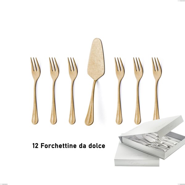 Confezione a libro 13 pezzi, forchettine pi� paletta dolce Royal Retr� PVD Gold, Acciaio 18/10 antico, spessore 2.5 mm, pvd oro