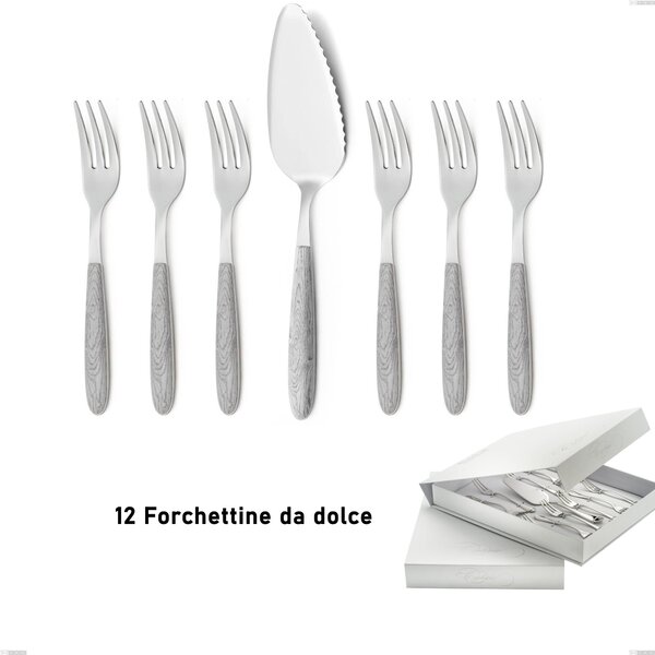 Confezione a libro 13 pezzi, forchettine pi� paletta dolce vero betulla, acciaio 18.0, manicatura pbt sublimato acciaio lucido