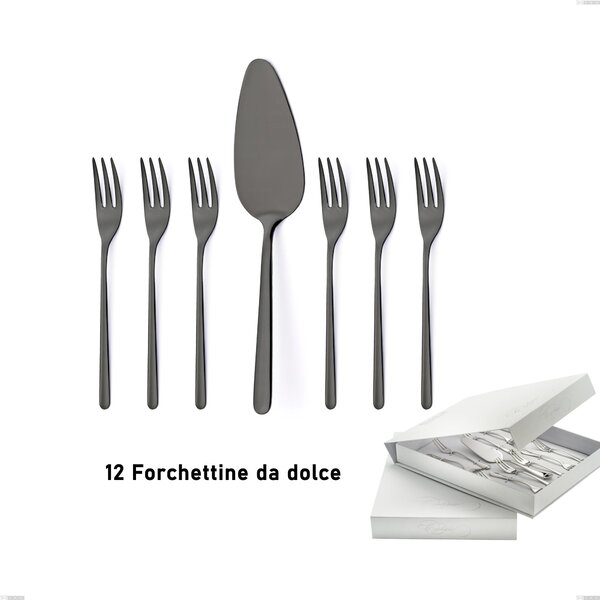 Confezione a libro 13 pezzi, forchettine pi� paletta dolce Venice Gun Metal, Acciaio Inox 18-10 trattamento pvd canna di fucile, spessore 4 mm