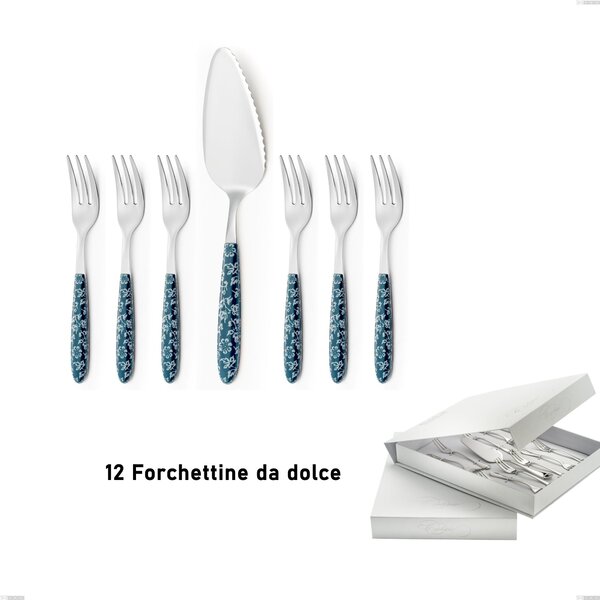 Confezione a libro 13 pezzi, forchettine pi� paletta dolce vero flowers, acciaio 18.0 nickel free, manicatura pbt sublimato acciaio lucido